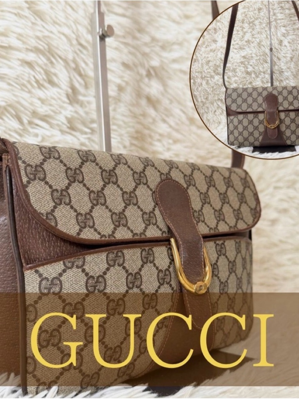 Auth Vintage GUCCI GG Supreme Horsebit Shoulder Bag Brown PVC Leather Purse Rare